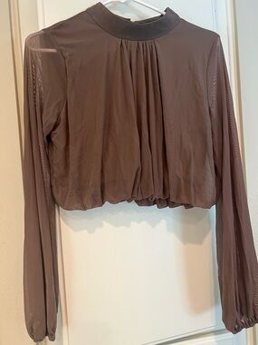 french kyss Brown Long-Sleeve Sheer Mesh Crop Top